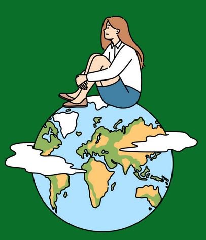 Femme triste assise sur une planete, se sens seule, incomprise