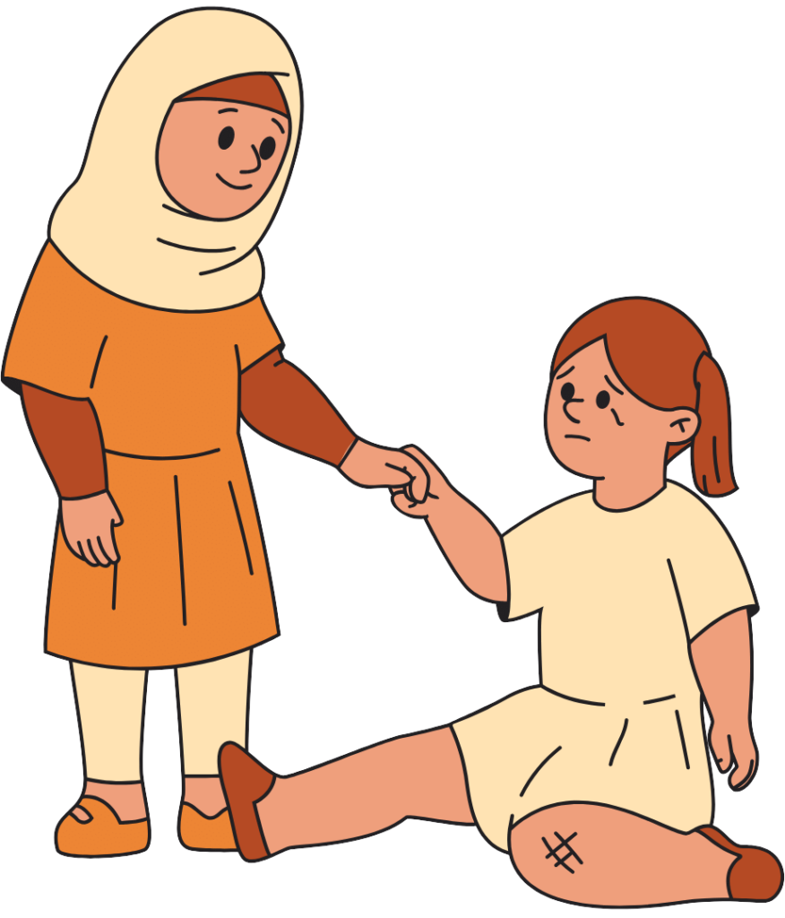 Entraide, deux petites filles, une enfant aidant une autre enfant après une chute