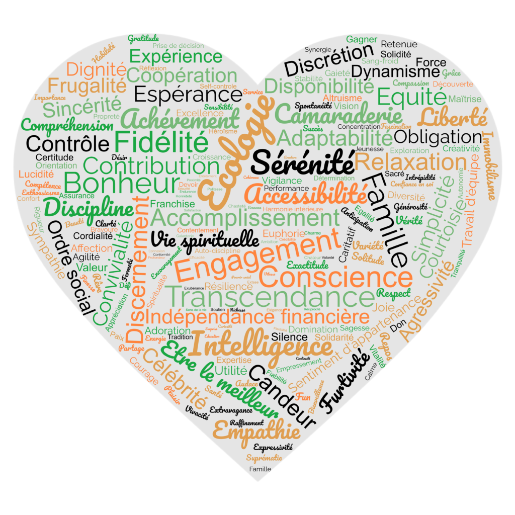 Nuage de mots valeurs
Ecologie Serénité, Famille intelligence, engagement franchise, relaxation, liberté Equité....